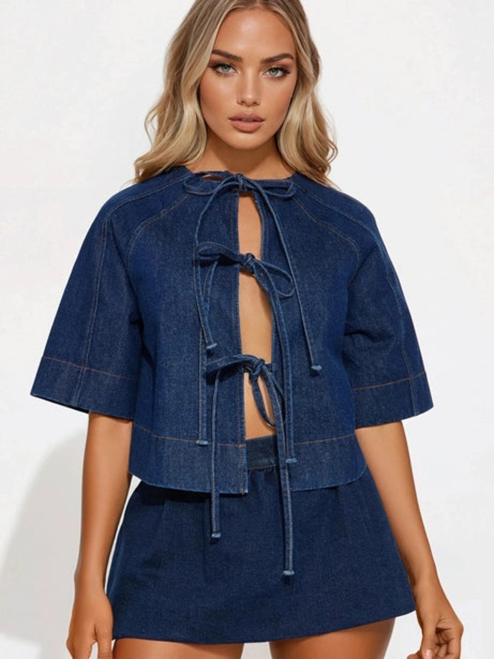 Dark Blue Denim Tie-Front Crop